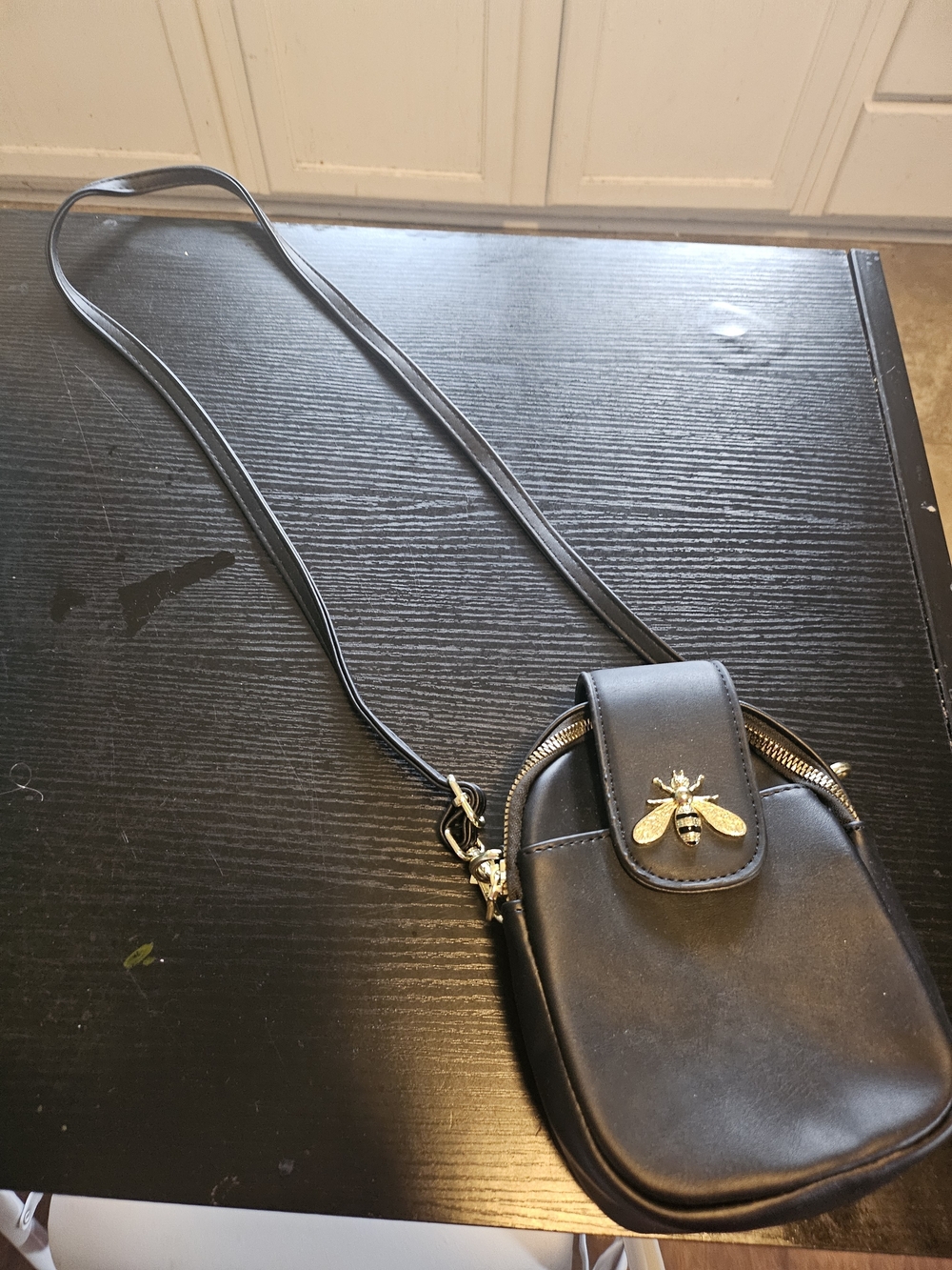 Black Crossbody Phone Pouch with Gold Bee Accent